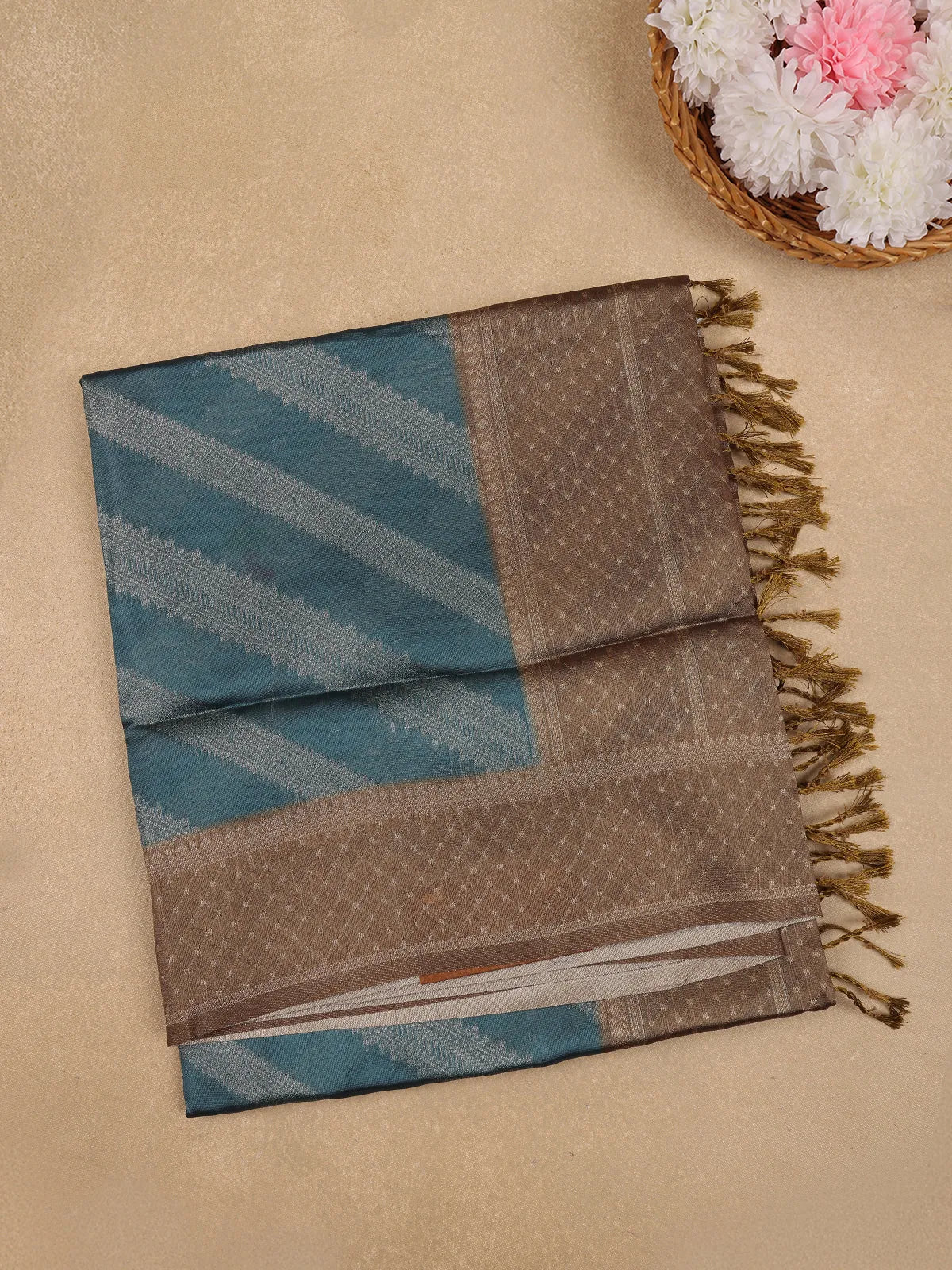 Teal Blue Striped Design Tissue Silk Saree - Diadem