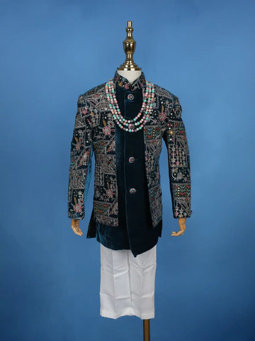 Teal Blue Velvet Floral Embroidery Sherwani And Pant Set - Diadem