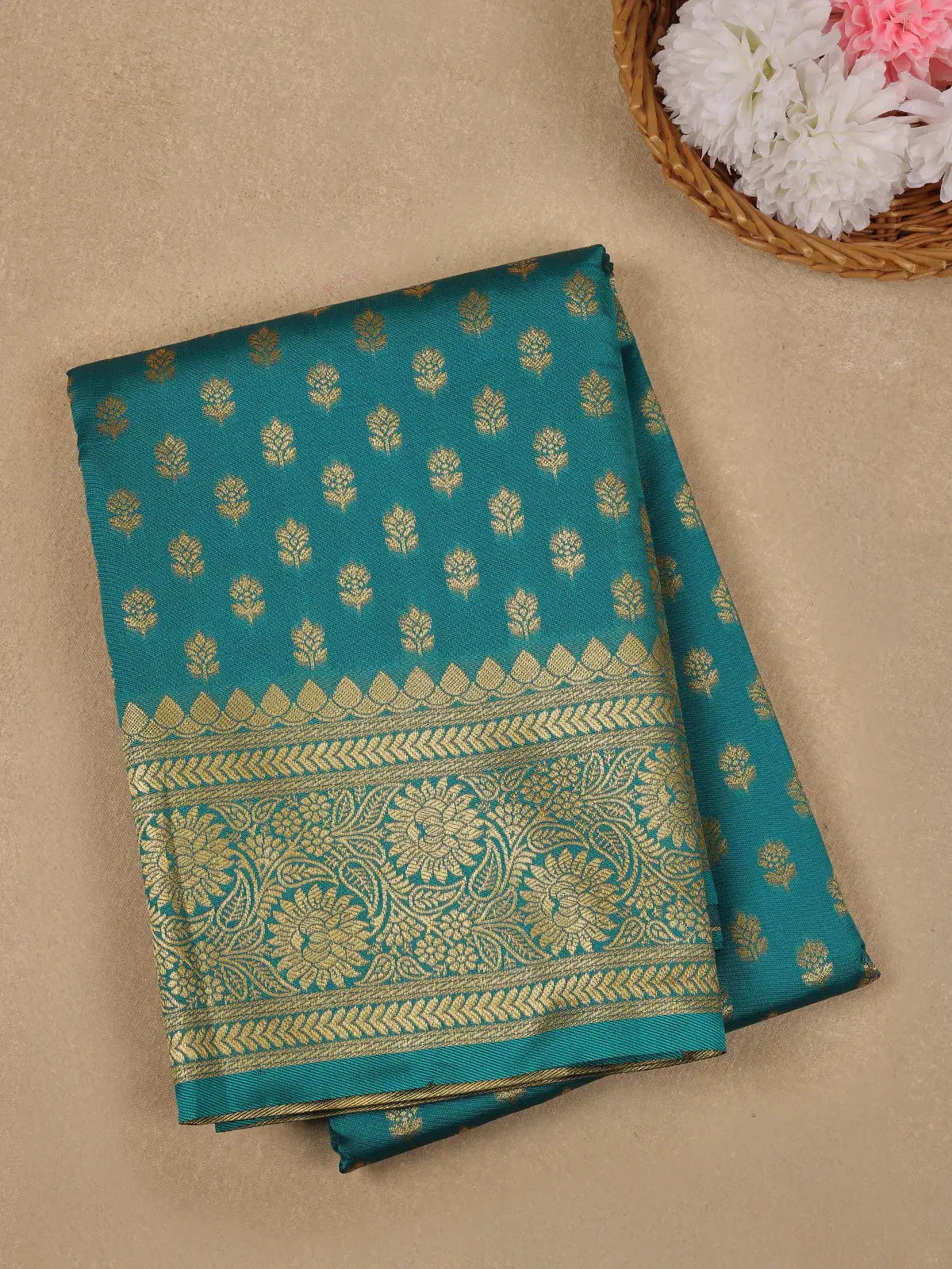 Teal Green Floral Design Silk Saree - Diadem
