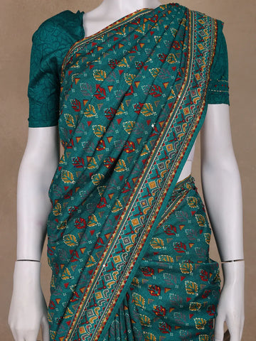 Teal Green Floral Designed Chanderi Cotton Saree - Diadem