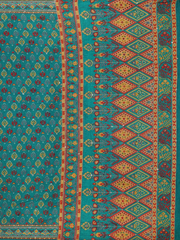 Teal Green Floral Designed Chanderi Cotton Saree - Diadem