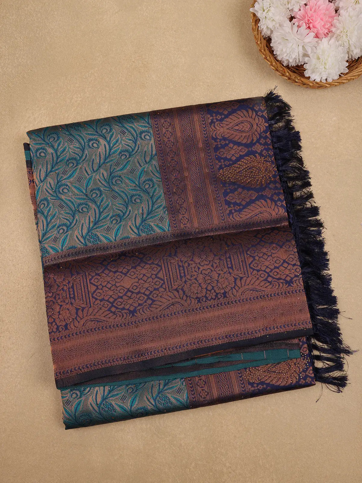 Teal Green Floral Designed Soft Silk Saree - Diadem