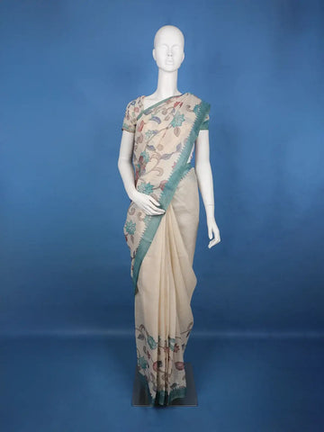Teal Green Kalamkari Inspired Floral Printed Cotton Saree - Diadem