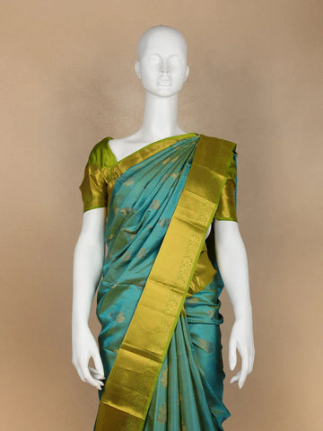 Teal Green Pure Kanchipuram Bridal Silk Saree with Floral Motif & Zari Border - Diadem