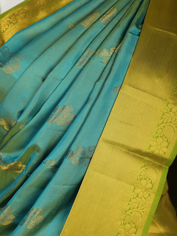 Teal Green Pure Kanchipuram Bridal Silk Saree with Floral Motif & Zari Border - Diadem