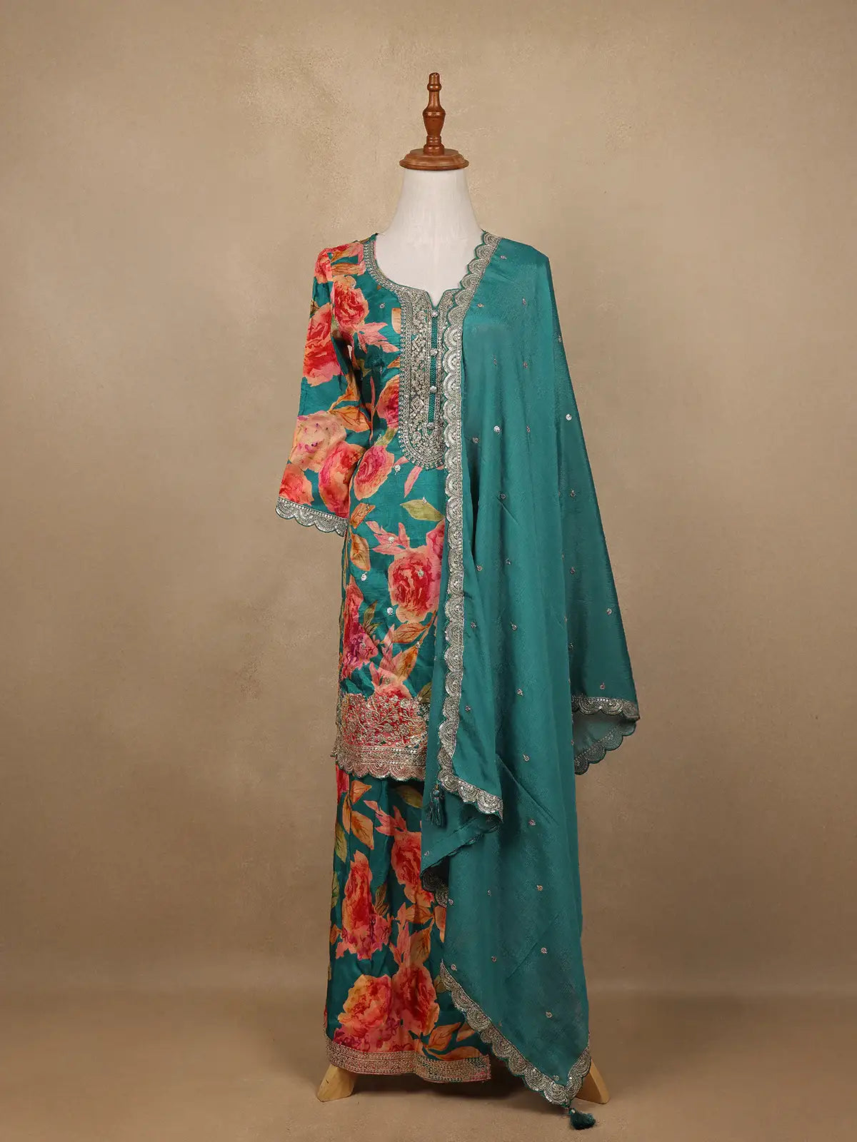 Teal Green Sequins Design Floral Print Tussar Silk Plazzo Salwar - Diadem