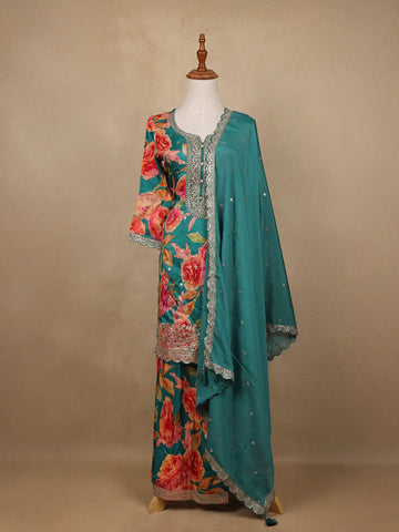 Teal Green Sequins Design Floral Print Tussar Silk Plazzo Salwar - Diadem