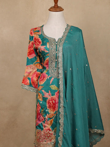 Teal Green Sequins Design Floral Print Tussar Silk Plazzo Salwar - Diadem