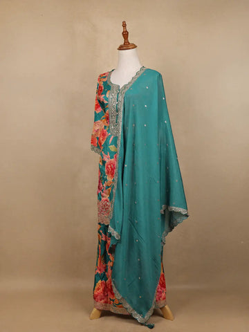 Teal Green Sequins Design Floral Print Tussar Silk Plazzo Salwar - Diadem