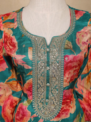 Teal Green Sequins Design Floral Print Tussar Silk Plazzo Salwar - Diadem