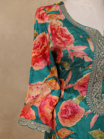 Teal Green Sequins Design Floral Print Tussar Silk Plazzo Salwar - Diadem