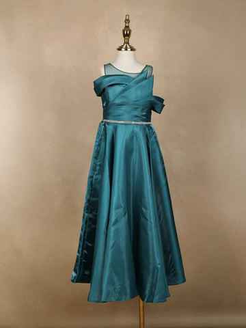 Teal Green Solid Design Organza Party Gown for Girls - Diadem