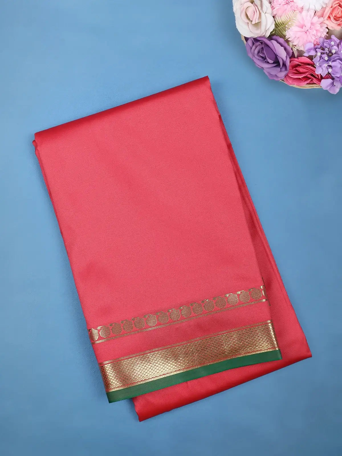Tomato Red with a Gold Zari Border Soft Silk Saree - Diadem