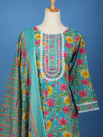 Turquoise Blue Floral Design Printed Cotton Salwar Suit - Diadem