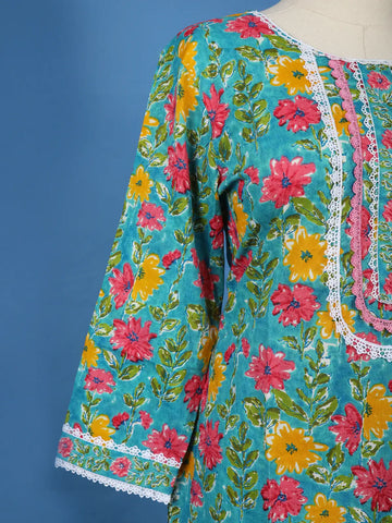 Turquoise Blue Floral Design Printed Cotton Salwar Suit - Diadem