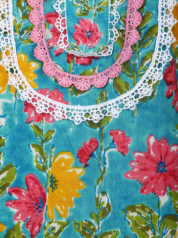 Turquoise Blue Floral Design Printed Cotton Salwar Suit - Diadem