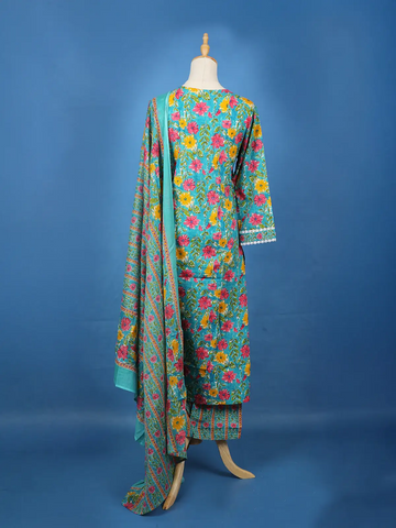 Turquoise Blue Floral Design Printed Cotton Salwar Suit - Diadem