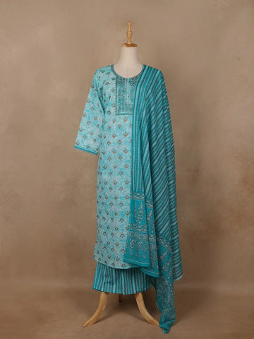 Turquoise Blue Floral Printed Cotton Salwar Suit - Diadem