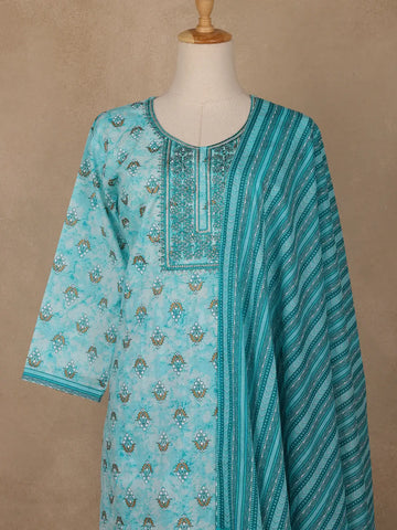Turquoise Blue Floral Printed Cotton Salwar Suit - Diadem