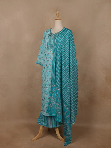 Turquoise Blue Floral Printed Cotton Salwar Suit - Diadem