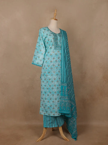 Turquoise Blue Floral Printed Cotton Salwar Suit - Diadem