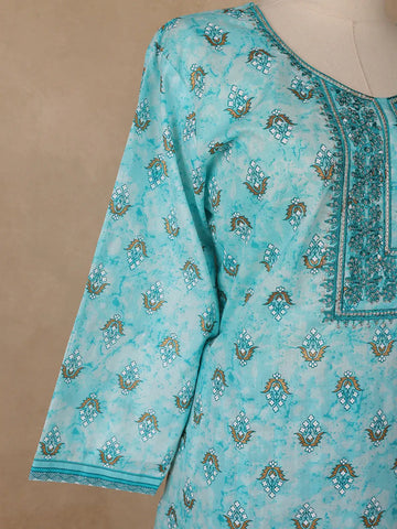 Turquoise Blue Floral Printed Cotton Salwar Suit - Diadem