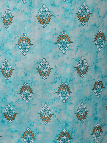 Turquoise Blue Floral Printed Cotton Salwar Suit - Diadem
