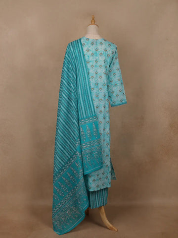 Turquoise Blue Floral Printed Cotton Salwar Suit - Diadem