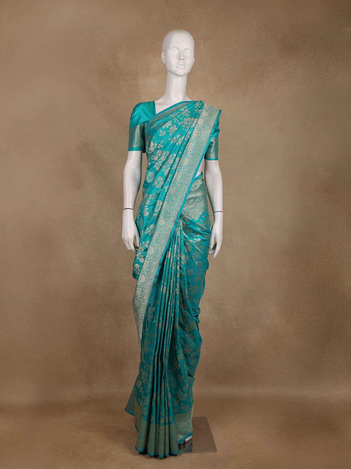 Turquoise Blue Floral Woven Banarasi Silk Saree With Zari Border