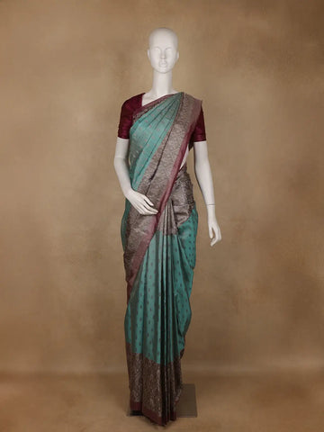 Turquoise Blue Floral Woven Pure Kanchipuram Silk Saree - Diadem