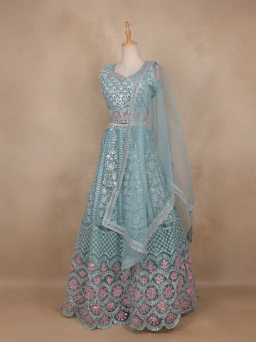 Turquoise Green Net Mirror And Floral Embroidery Bridal Lehenga - Diadem