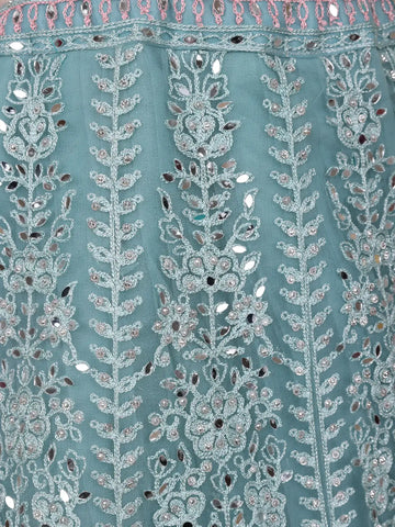 Turquoise Green Net Mirror And Floral Embroidery Bridal Lehenga - Diadem