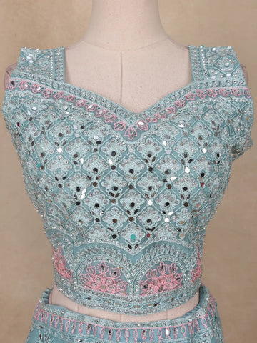 Turquoise Green Net Mirror And Floral Embroidery Bridal Lehenga - Diadem