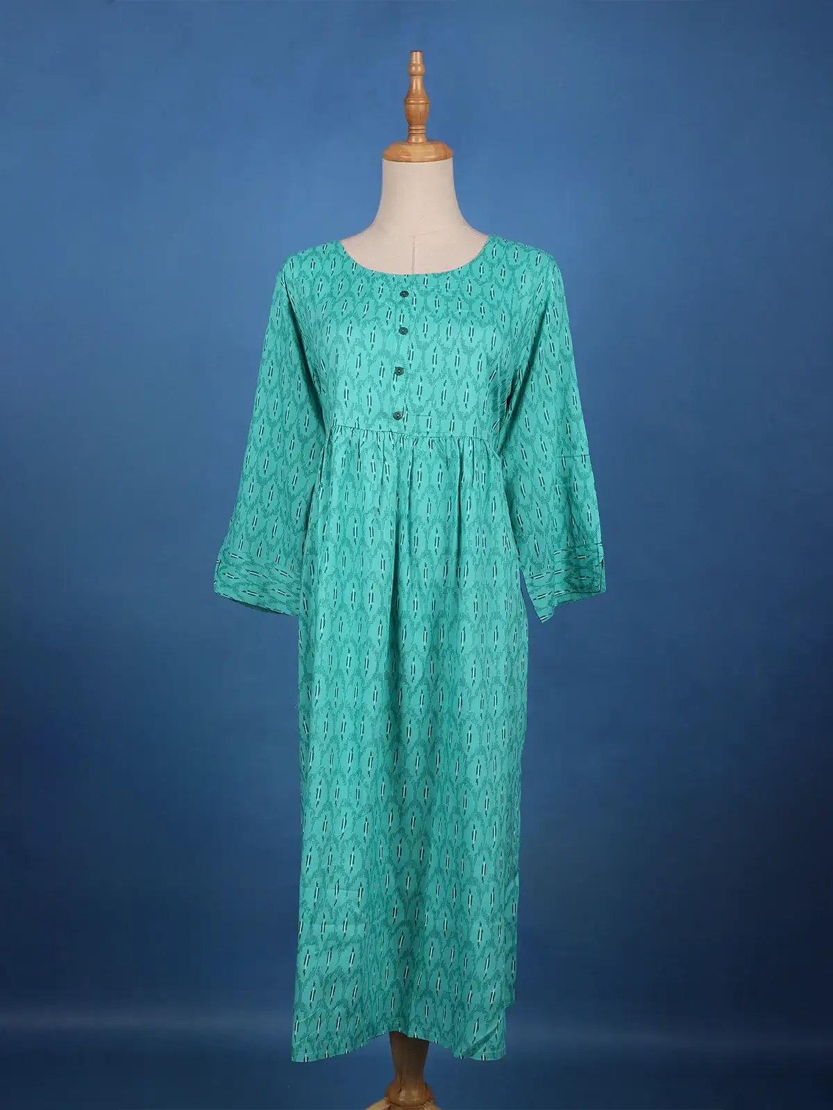 Turquoise Green with Ikat-Inspired Print Rayon Kurti - Diadem