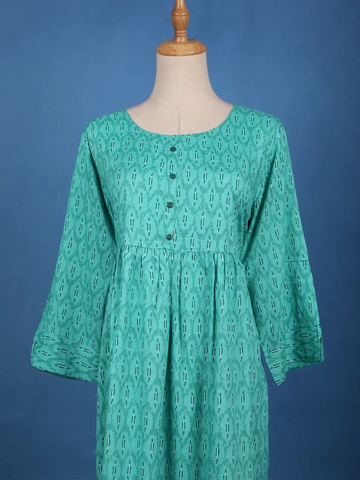 Turquoise Green with Ikat-Inspired Print Rayon Kurti - Diadem