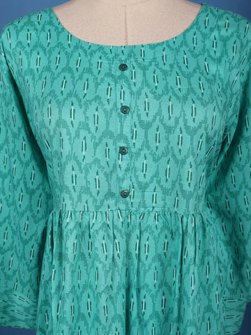 Turquoise Green with Ikat-Inspired Print Rayon Kurti - Diadem