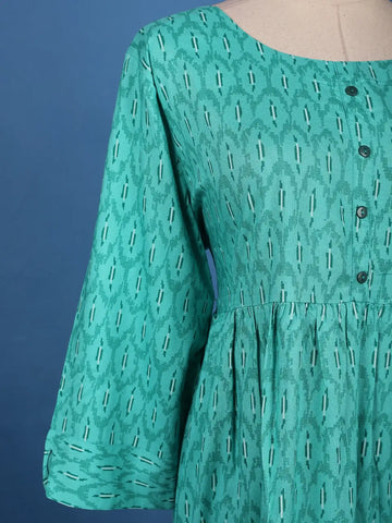 Turquoise Green with Ikat-Inspired Print Rayon Kurti - Diadem