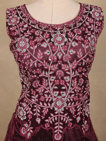 Maroon Floral Embroidered Organza Gown - Diadem