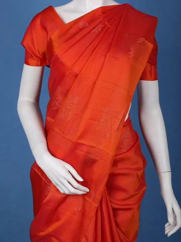 Vermilion Red Floral Design Zari Woven Soft Silk Saree - Diadem