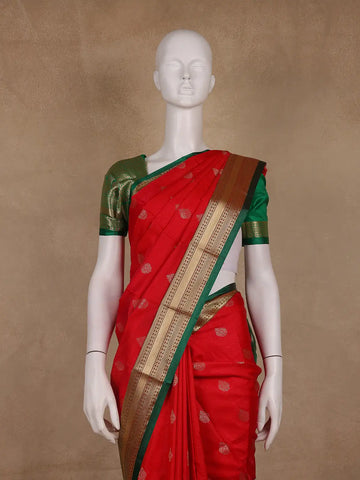Vermilion Red Floral Motif Banarasi Silk Saree - Diadem