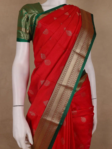 Vermilion Red Floral Motif Banarasi Silk Saree - Diadem