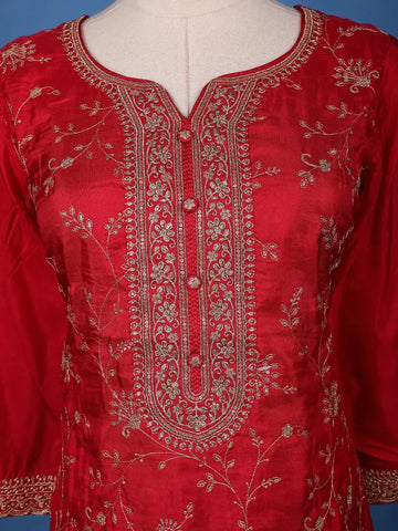Vermilion Red Floral Designed Semi Silk Palazzo Salwar Suit - Diadem