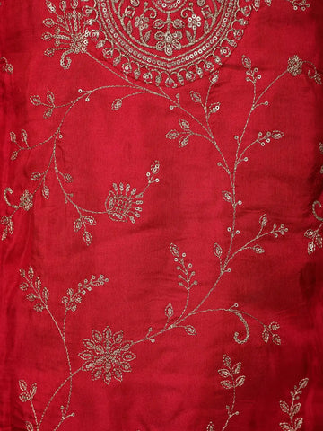 Vermilion Red Floral Designed Semi Silk Palazzo Salwar Suit - Diadem