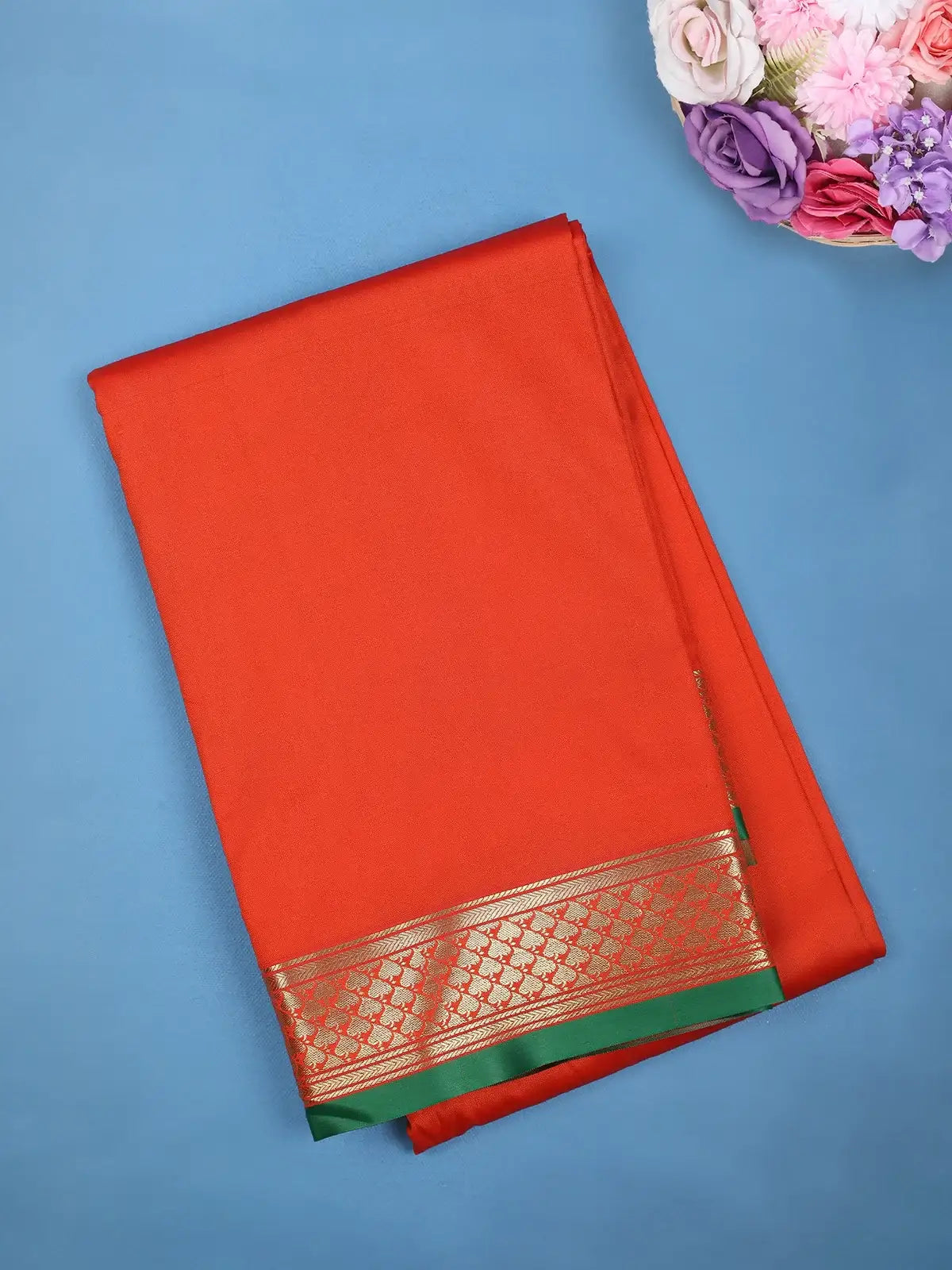 Vermilion Red Gold Zari Floral Butta Border with Green Selvedge Edge Soft Silk Saree - Diadem