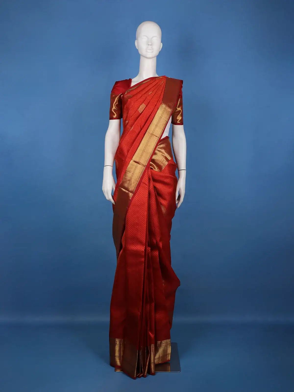 Vermillion Red Woven Checks Pattern Zari Border Silk Saree - Diadem