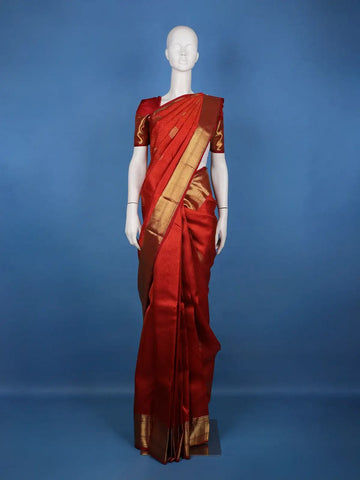 Vermillion Red Woven Checks Pattern Zari Border Silk Saree - Diadem