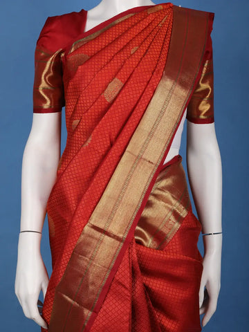 Vermillion Red Woven Checks Pattern Zari Border Silk Saree - Diadem
