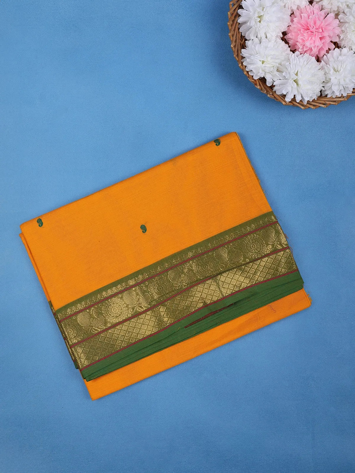 Vibrant Yellow Scattered Green Motifs Cotton Saree - Diadem