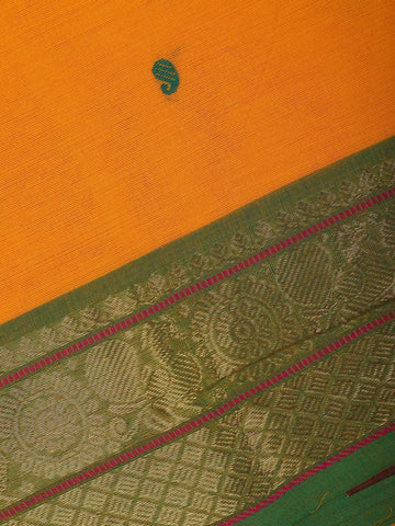 Vibrant Yellow Scattered Green Motifs Cotton Saree - Diadem