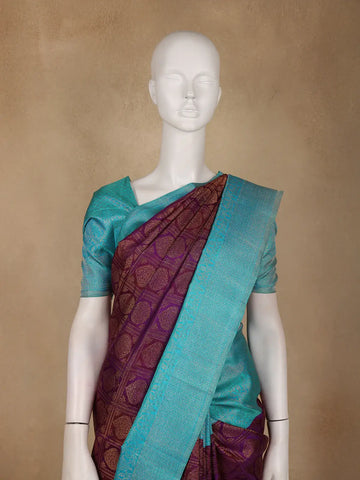 Violet Floral Checks Woven Pure Kanchipuram Silk Saree - Diadem